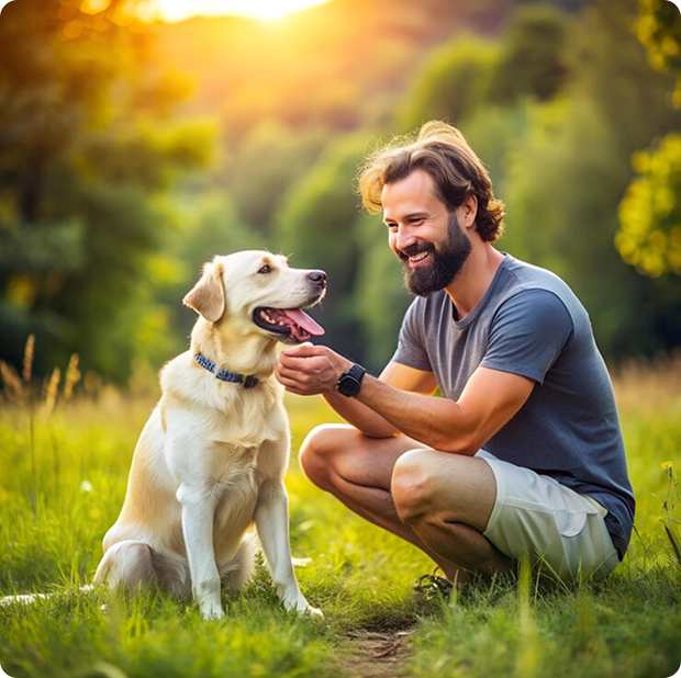 Team member with a happy dog outdoors.
